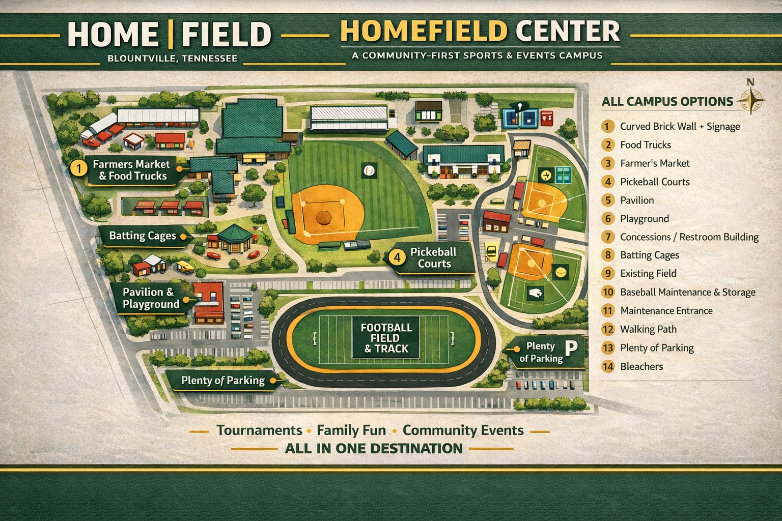 Home Field campus site plan showing football field and track, three baseball fields, pickleball courts, farmer's market, food truck area, pavilion, playground, batting cages, walking path, county offices, and parking areas
